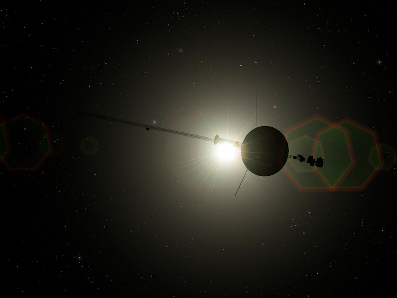 Voyager spacecraft leaving Solar System, artwork. Two Voyager spacecraft (Voyager 1 and Voyager 2) w...