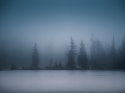 Campbell River, BC , CAN - November , 02, 2021: A dark and moody day as the first snowstorm of the s...