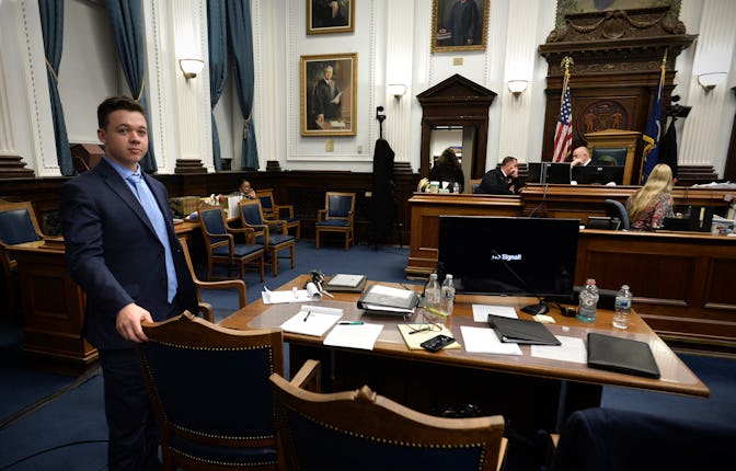 KENOSHA, WISCONSIN - NOVEMBER 15: Kyle Rittenhouse waits near his table during a break in his trial ...