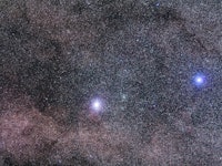 Alpha Centauri, the closest star system to the Sun at left and aka Rigel Kentaurus and Beta Centauri...