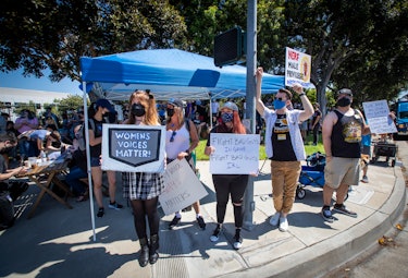 Irvine, CA - July 28: Several hundred Activision Blizzard employees stage a walkout which they say i...