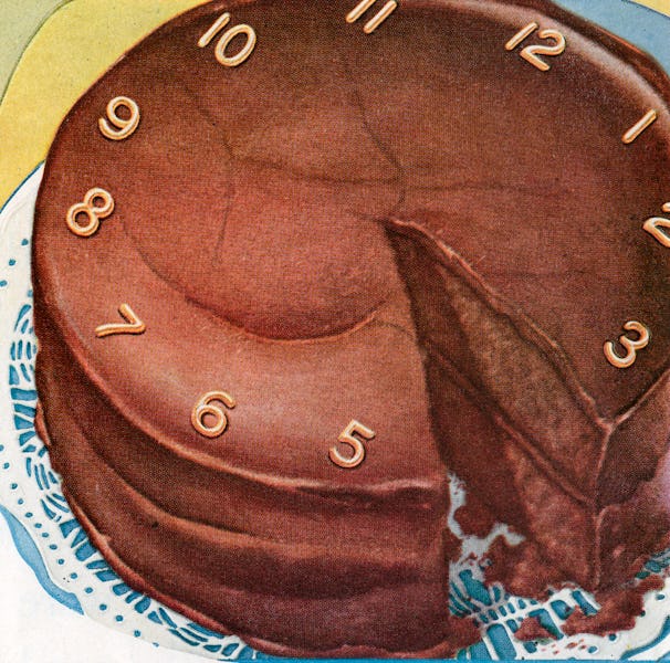 Vintage illustration of a chocolate cake decorated with a clock face, 1930s. (Illustration by Graphi...