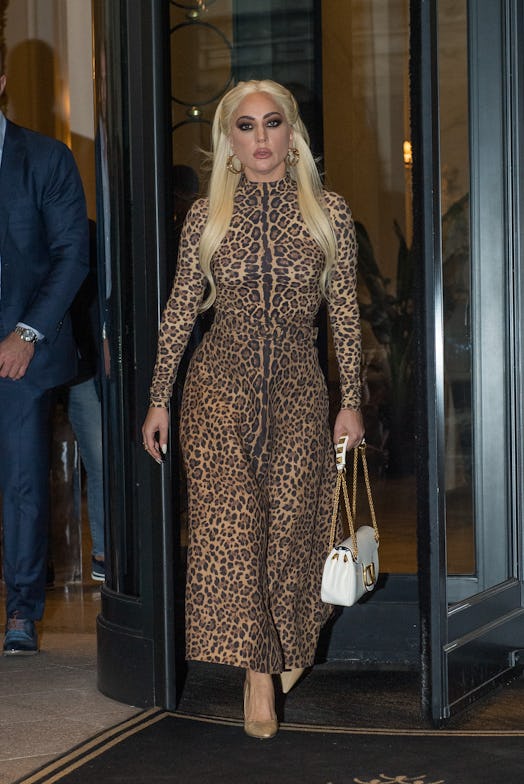 Lady Gaga wears leopard-printed top and skirt from Valentino Pre-Fall 2021.