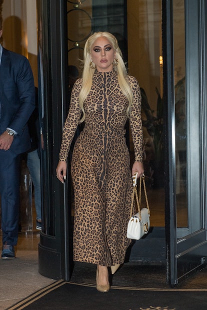 Lady Gaga wears leopard-printed top and skirt from Valentino Pre-Fall 2021.