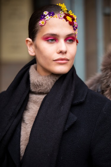 Model Darya Kostenich, with bright red eyeshadow outside Alexis Mabille show during Paris Fashion We...