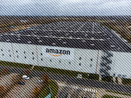 BRIESELANG, GERMANY - NOVEMBER 18: In this aerial view, an Amazon packaging center is seen on Novemb...