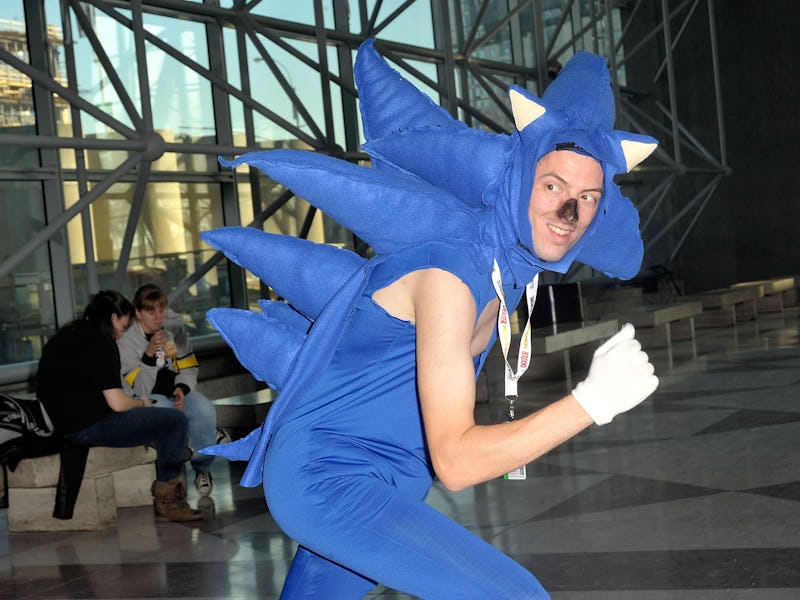 NEW YORK, NY - OCTOBER 11: A Comic Con attendee wearing a Sonic the Hedgehog costume poses during t...