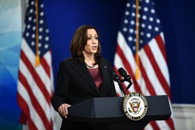 US Vice President Kamala Harris speaks during a Tribal Nations Summit in the South Court Auditorium ...