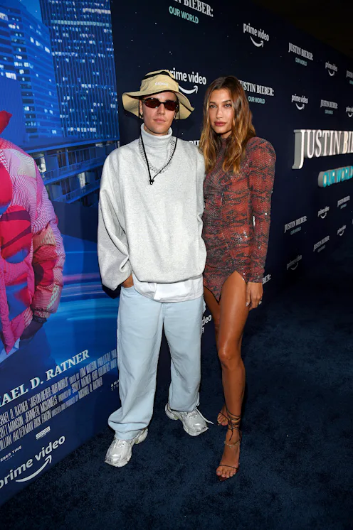 NEW YORK, NEW YORK - SEPTEMBER 14: Justin Bieber (L) and Hailey Bieber attend the Justin Bieber: Our...