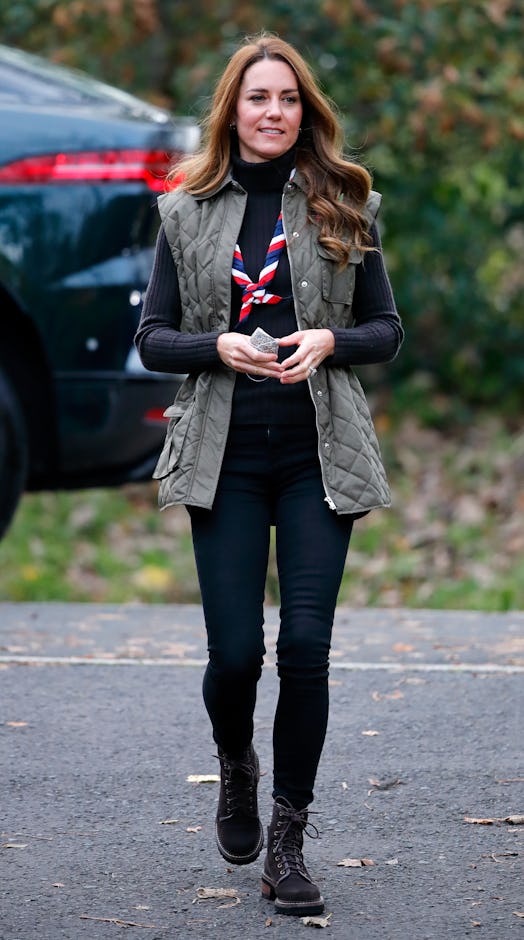 Kate Middleton wears GANNI quilted green vest, 2021.