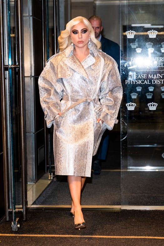 Lady Gaga wears Lanvin gray cheetah-printed trench coat in 2021.