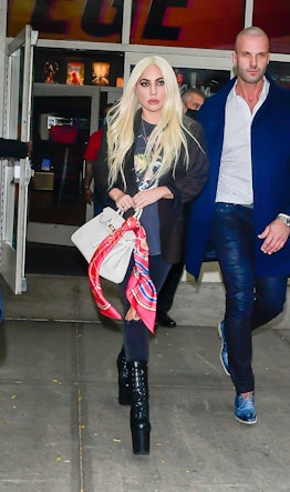 Lady Gaga wears Stevie Nicks T-shirt and ripped jeans in 2021.