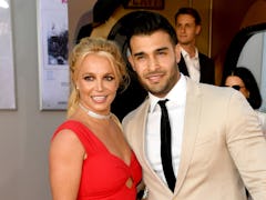 HOLLYWOOD, CALIFORNIA - JULY 22: Britney Spears (L) and Sam Asghari arrive at the premiere of Sony P...