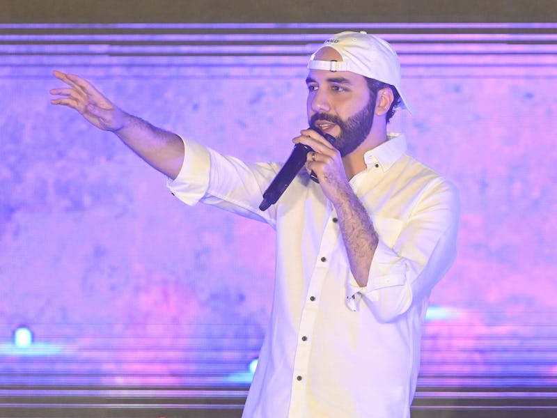 President of El Salvador, Nayib Bukele, gestures during his speech at the closing ceremony of the La...