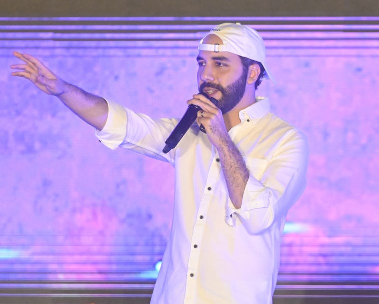 President of El Salvador, Nayib Bukele, gestures during his speech at the closing ceremony of the La...