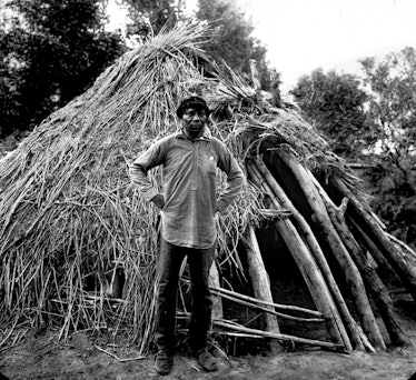 Supai Charlie, a Havasupai man, standing in front of his ha-wa, a structure made of sticks and grass...