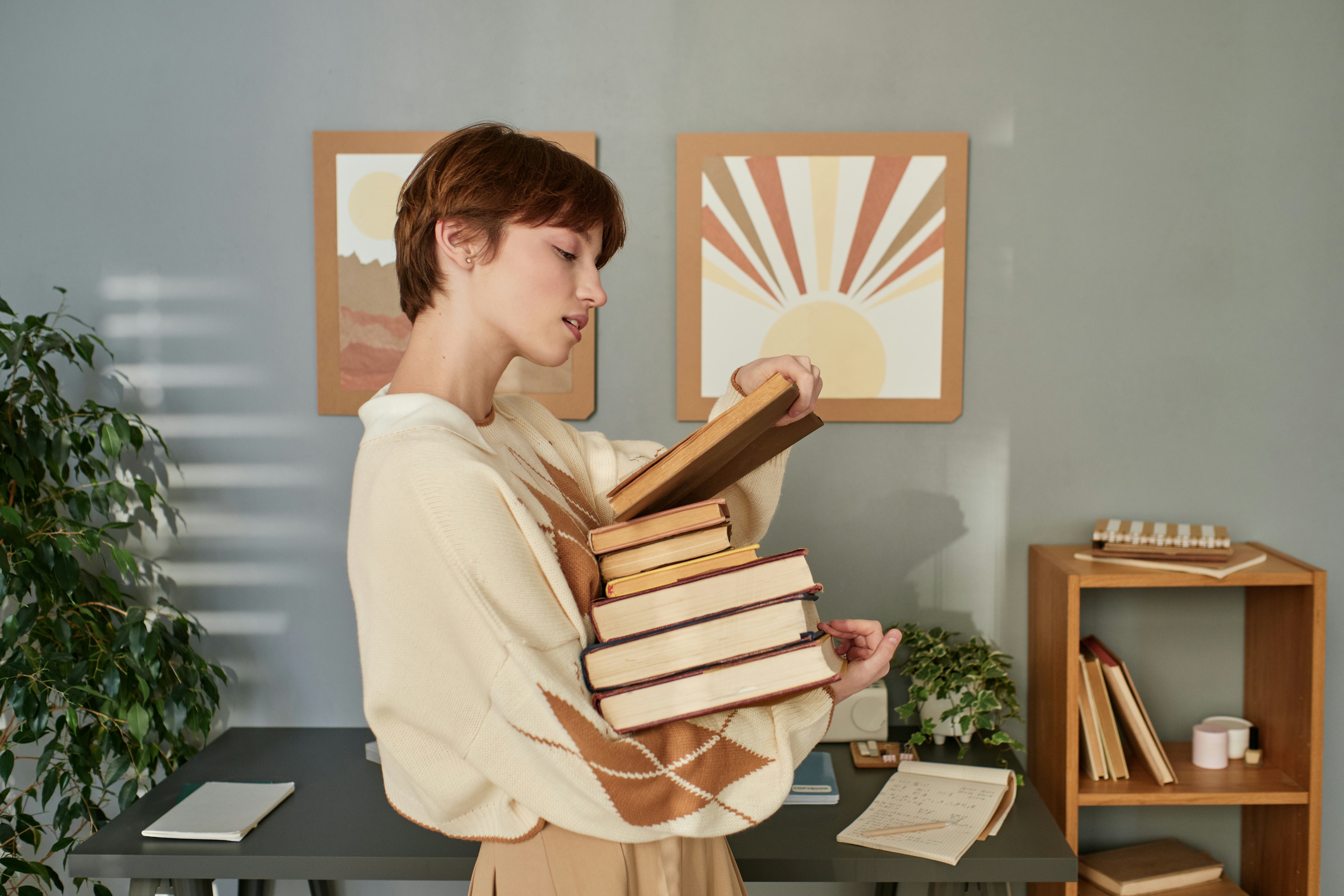 Student girl reading book on move