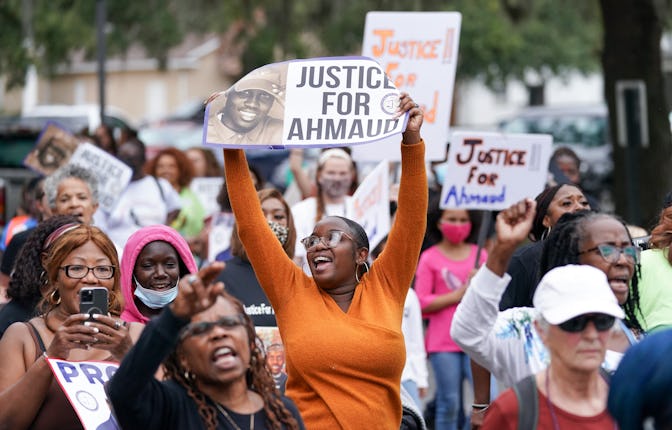 BRUNSWICK, GA - NOVEMBER 18: Demonstrators march near the Glynn County Courthouse after the adjournm...