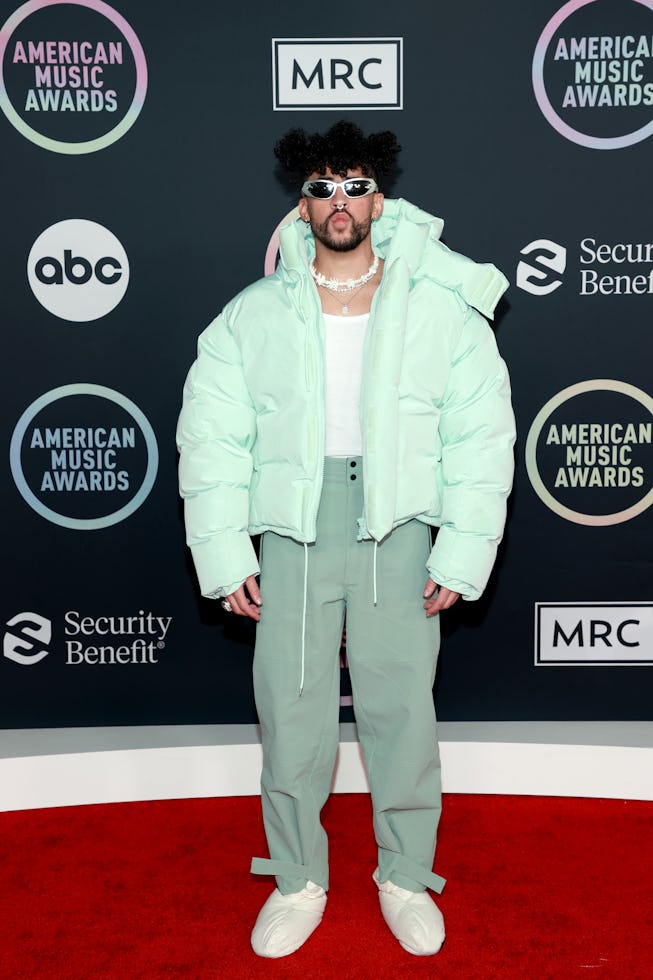 LOS ANGELES, CALIFORNIA - NOVEMBER 21: Bad Bunny attends the 2021 American Music Awards at Microsoft...