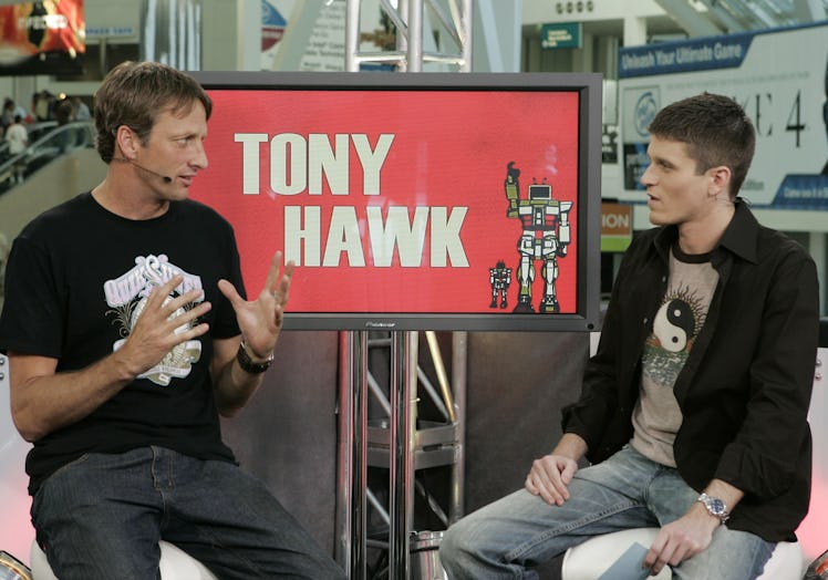 Pro skateboarder Tony Hawk participates in a live broadcast from the Electronic Entertainment Expo o...