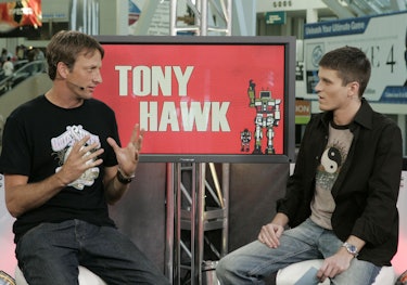 Pro skateboarder Tony Hawk participates in a live broadcast from the Electronic Entertainment Expo o...