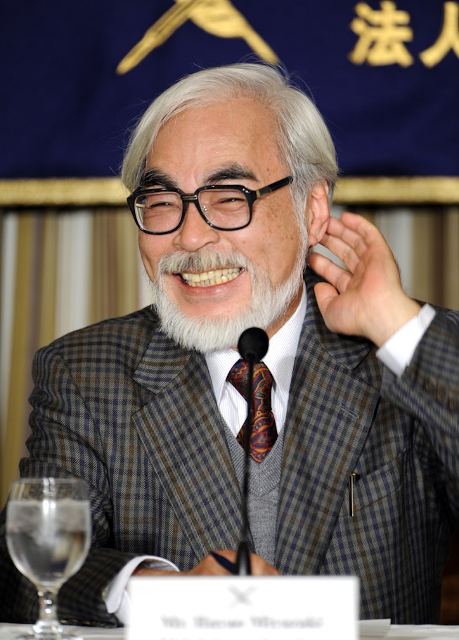 Japanese director of animation films Hayao Miyazaki smiles during a press conference at the Foreign ...