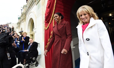 US First Lady Michelle Obama (L) and Dr. Jill Biden arrive for the Presidential Inauguration of Dona...
