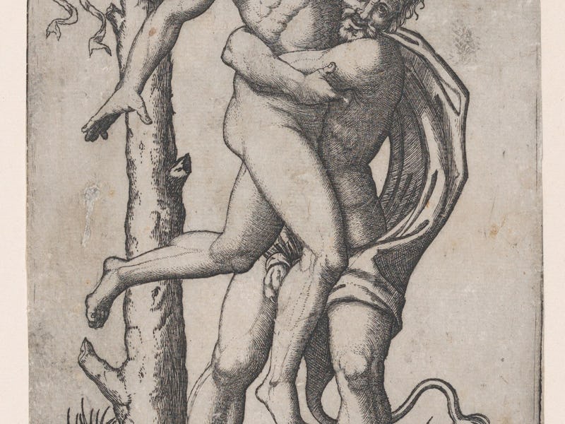 Hercules, grasping Antaeus at the waist with both arms and lifting him off his feet, in background a...