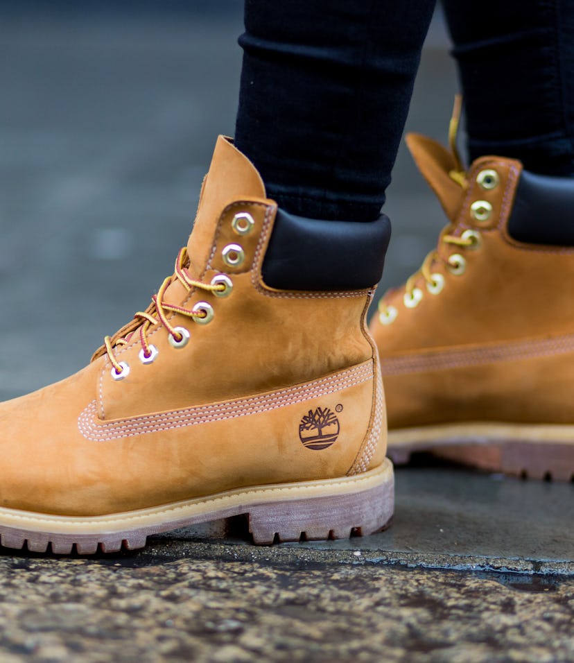 LONDON, ENGLAND - JANUARY 07: Julia Leopold wearing  Timberland boots during London Fashion Week Men...