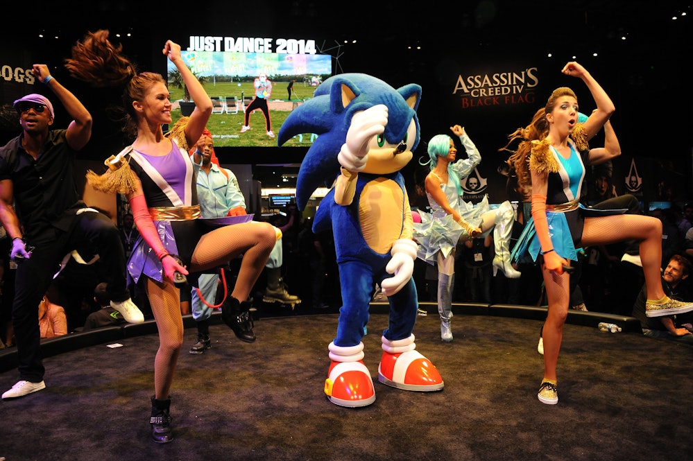 LOS ANGELES, CA - JUNE 13: Costumed dancers and Sonic participate in Just Dance at Ubisoft at the 2...