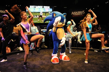 LOS ANGELES, CA - JUNE 13:  Costumed dancers and Sonic participate in Just Dance at Ubisoft at the 2...