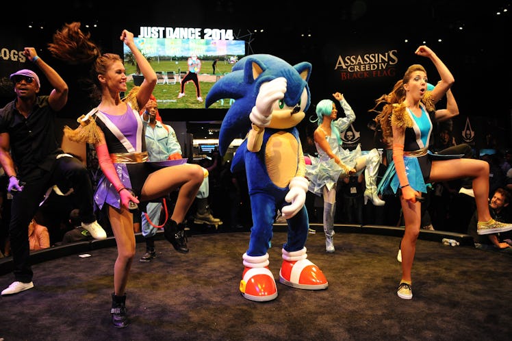 LOS ANGELES, CA - JUNE 13:  Costumed dancers and Sonic participate in Just Dance at Ubisoft at the 2...
