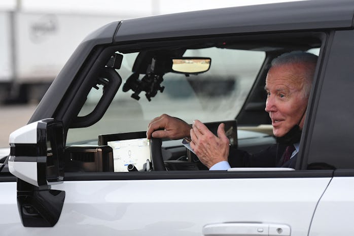 US President Joe Biden test drives an electric hummer as he tours the General Motors Factory ZERO el...