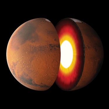 Cutaway illustration of the planet Mars, detailing the solid inner core and surrounding mantle, crea...