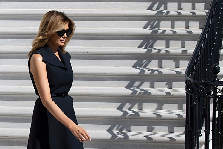 First Lady Melania Trump walks to the South Lawn to depart the White House on October 22, 2020 in Wa...