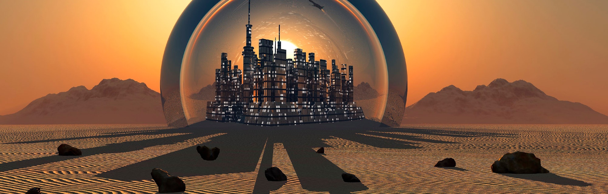 Futuristic City in Protective Sphere on the Surface of the Planet Mars