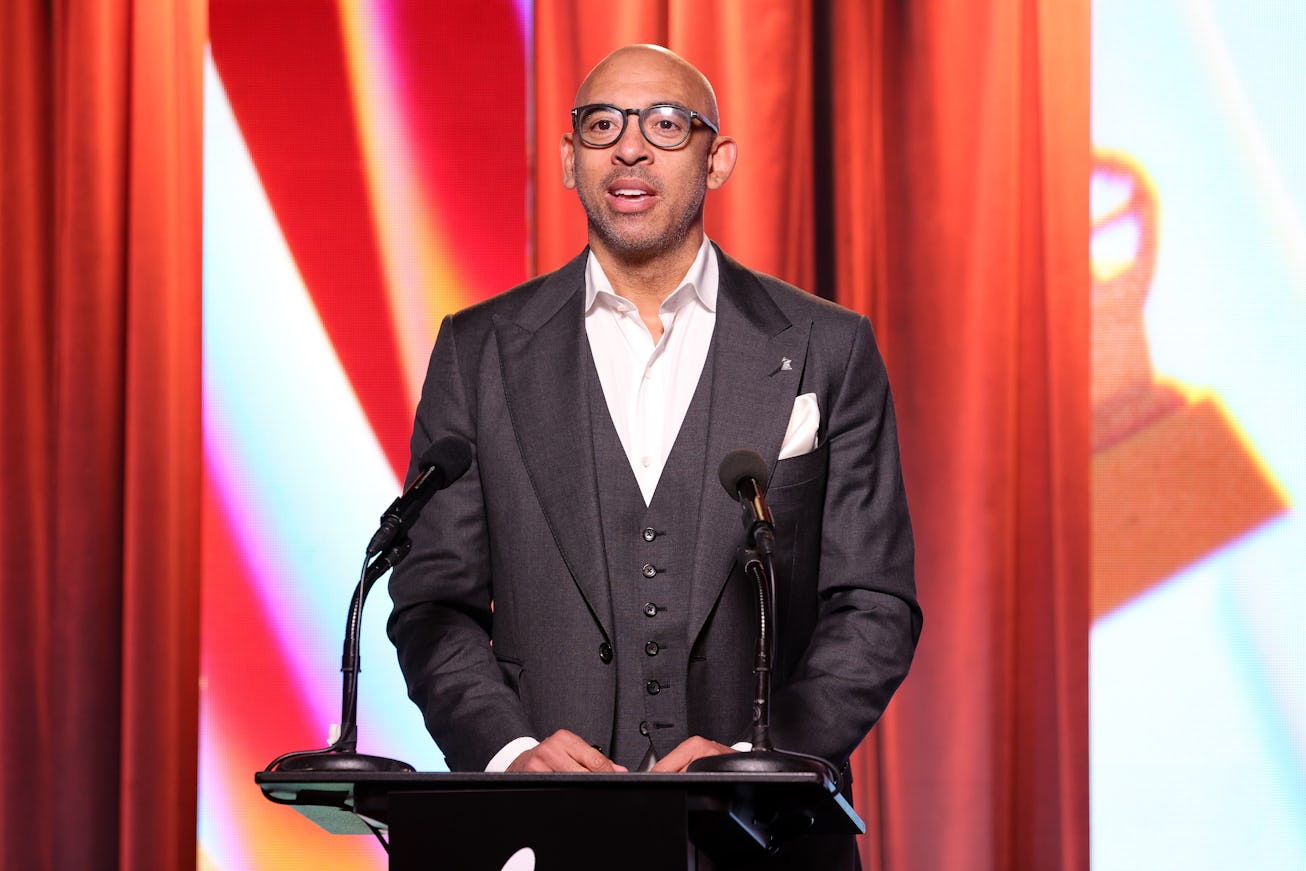 LOS ANGELES, CALIFORNIA - NOVEMBER 23: Harvey Mason jr., CEO of the Recording Academy speaks onstage...