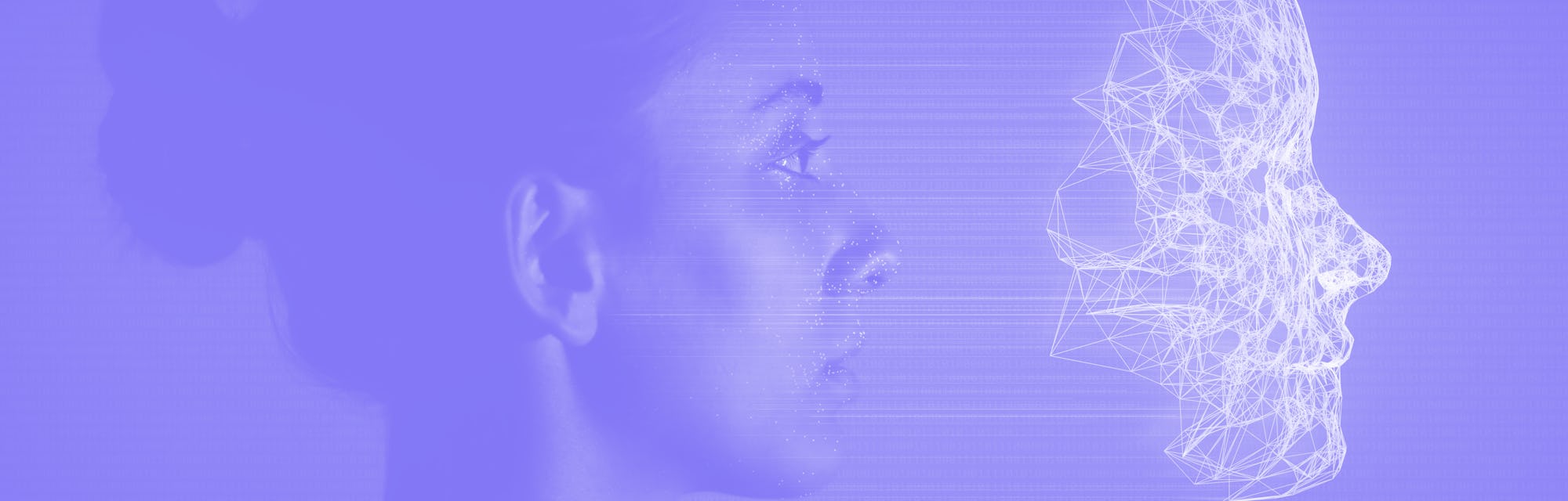 Female human face with 3d mesh and recognition marks.