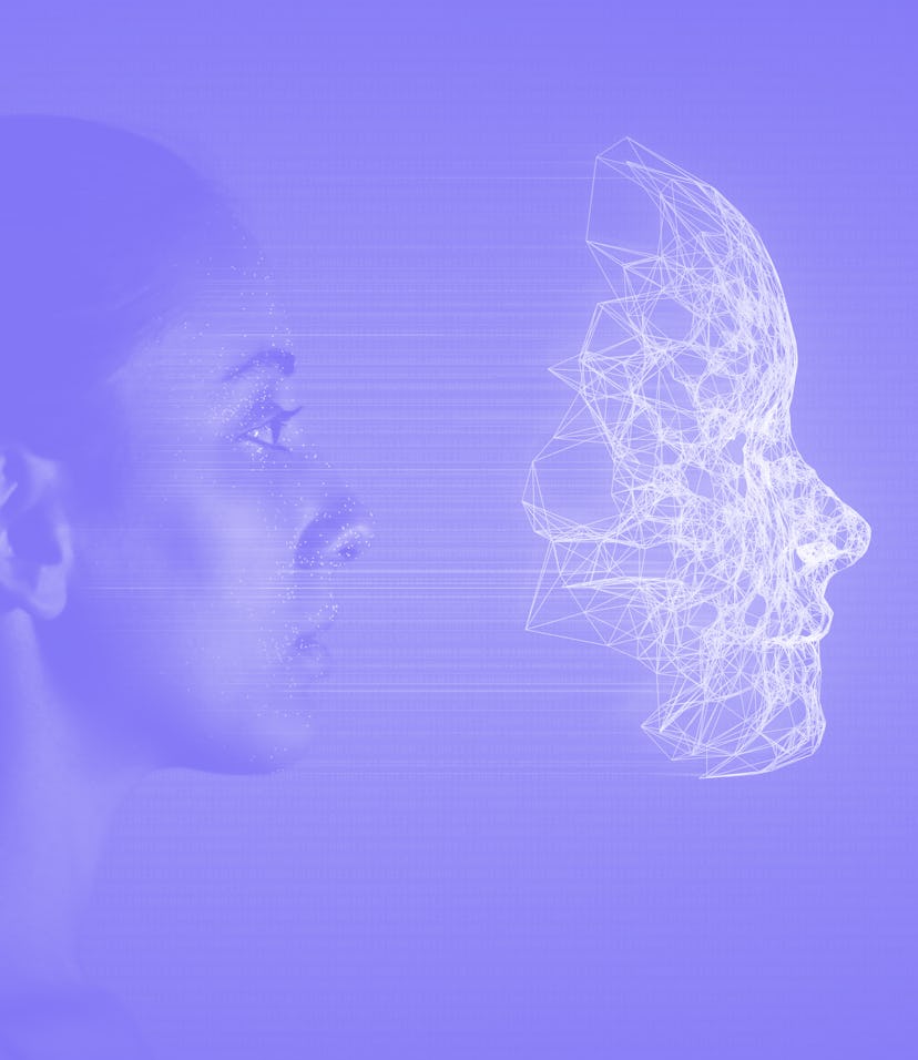 Female human face with 3d mesh and recognition marks.