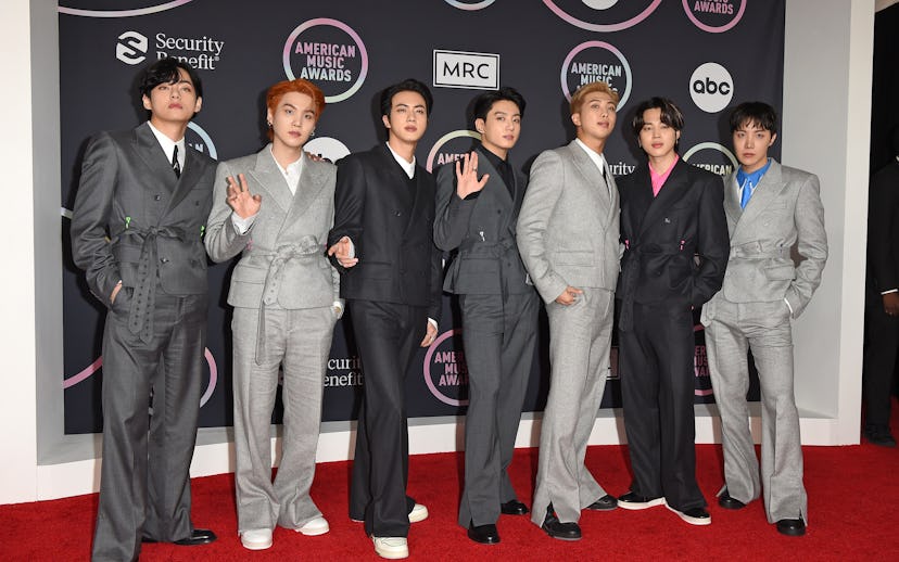 LOS ANGELES, CALIFORNIA - NOVEMBER 21: (L-R) V, Suga, Jin, Jungkook, RM, Jimin, and J-Hope of BTS at...