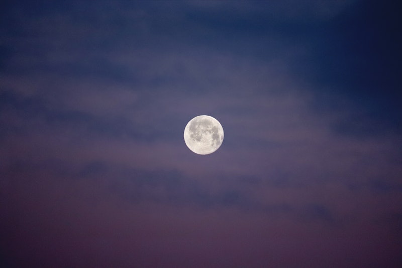 The full moon of January is setting on a beautiful blue hour in tender light of winter sunrise.