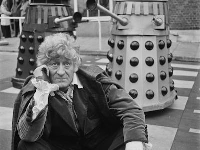 English actor Jon Pertwee (1919 - 1996) as the Third Doctor in the television series 'Doctor Who', o...