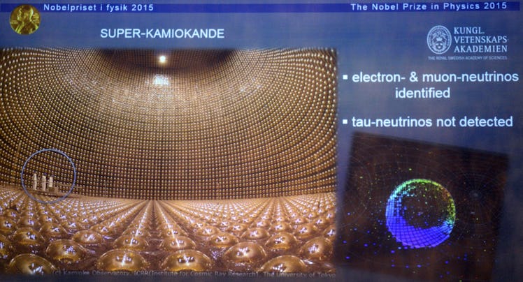 A picture of the Super-Kamiokande detector and an illustration describing the research field of Taka...