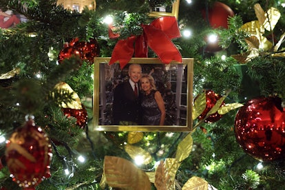 An ornament of a portrait of U.S. President Joe Biden and first lady Jill Biden is hung on a Christm...