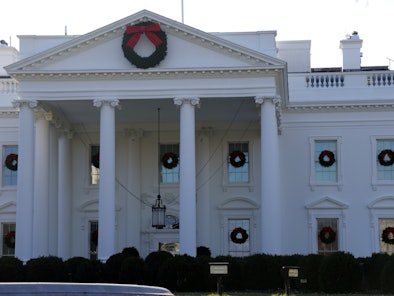 Holiday decorations are displayed at the White House during a press preview November 29, 2021 in Was...