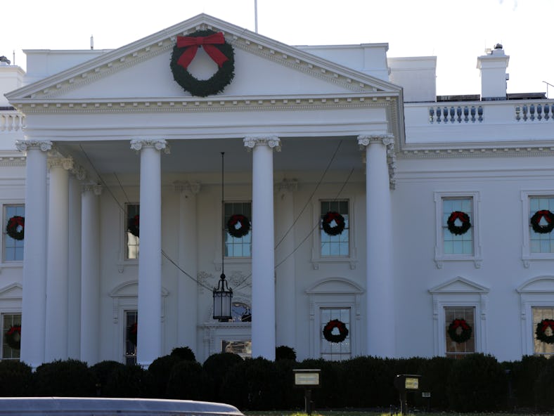 Holiday decorations are displayed at the White House during a press preview November 29, 2021 in Was...