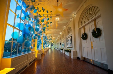 Decorations are seen in the White House East Colonnade during a press preview of the White House hol...