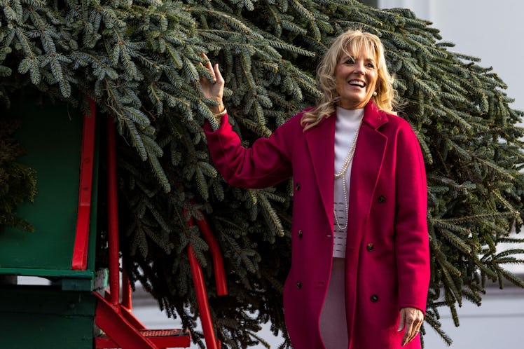 U.S. first lady Jill Biden welcomes the arrival of the White House Christmas Tree at the White House...