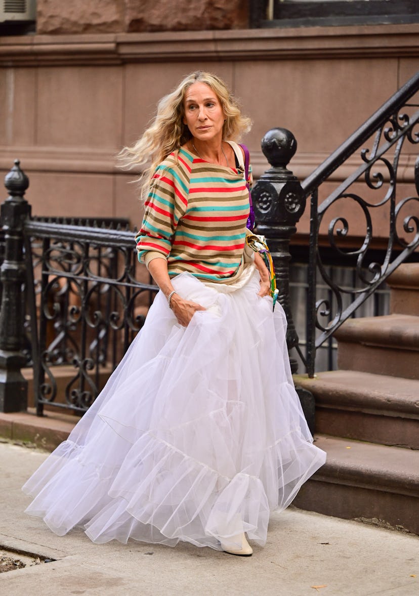 See Carrie Bradshaw’s outfits on ‘And Just Like That,’ from tutus to lehengas to overalls.