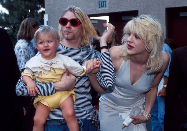 Kurt Cobain of Nirvana with wife Courtney Love and daughter Frances Bean Cobain (Photo by KMazur/Wir...
